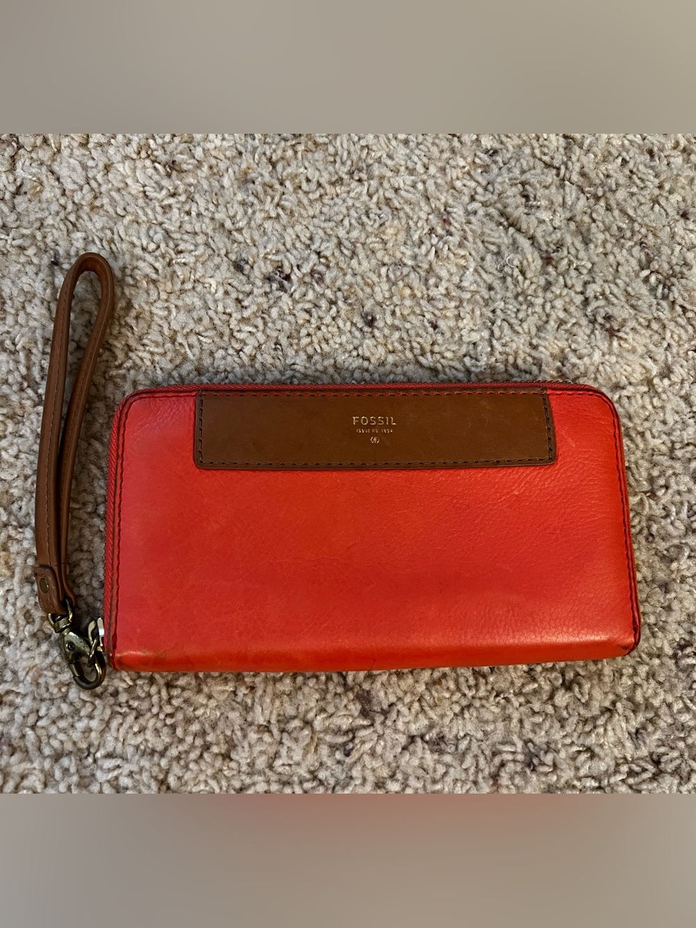 Fossil Coral Leather Zip Wristlet Wallet with Brown Trim